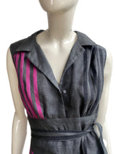 Load image into Gallery viewer, The Frances in pink and black striped grey linen
