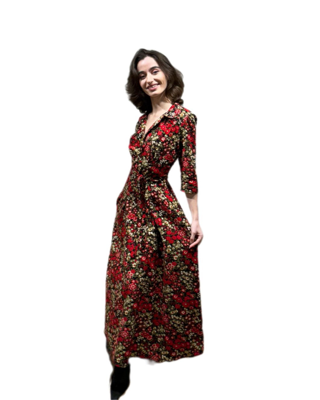 The Dorothy in red floral print corduroy