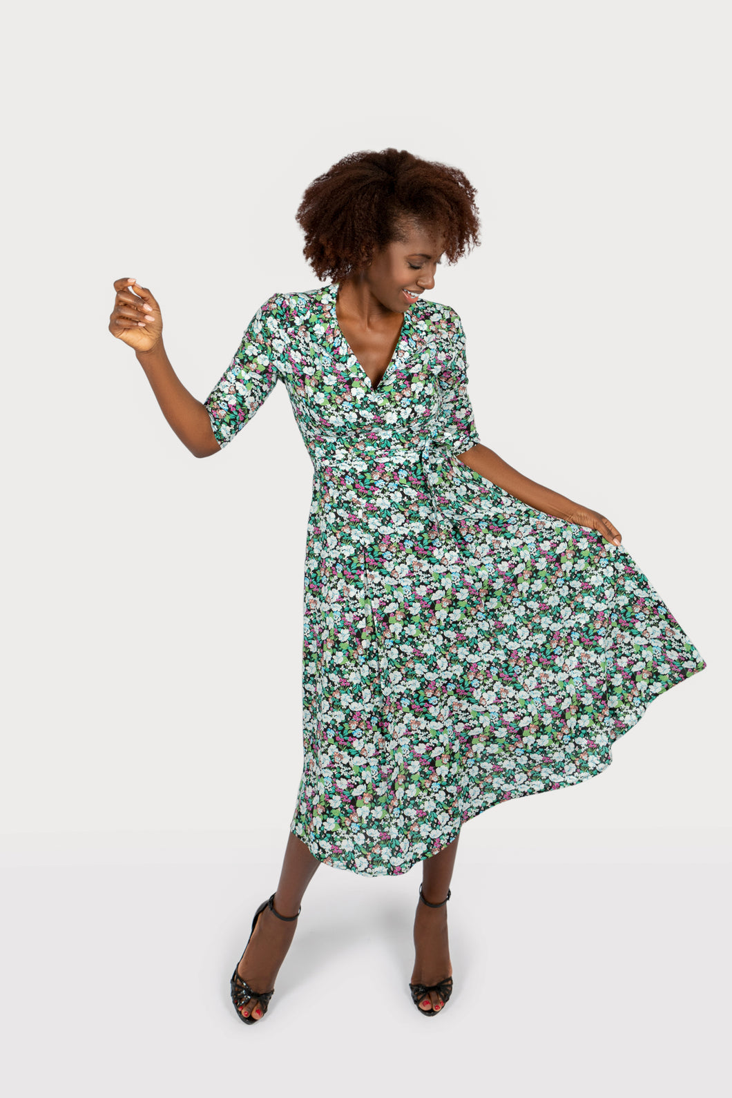 The Dorothy and Frances dress in purp & green floral print cotton